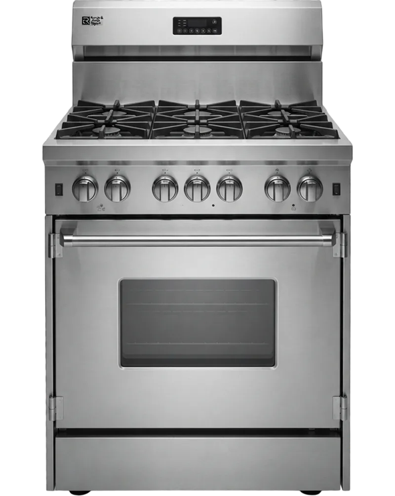 Stainless steel freestanding gas range with six sealed burners and a glass oven door, serviced by Bodewell Appliance Repair