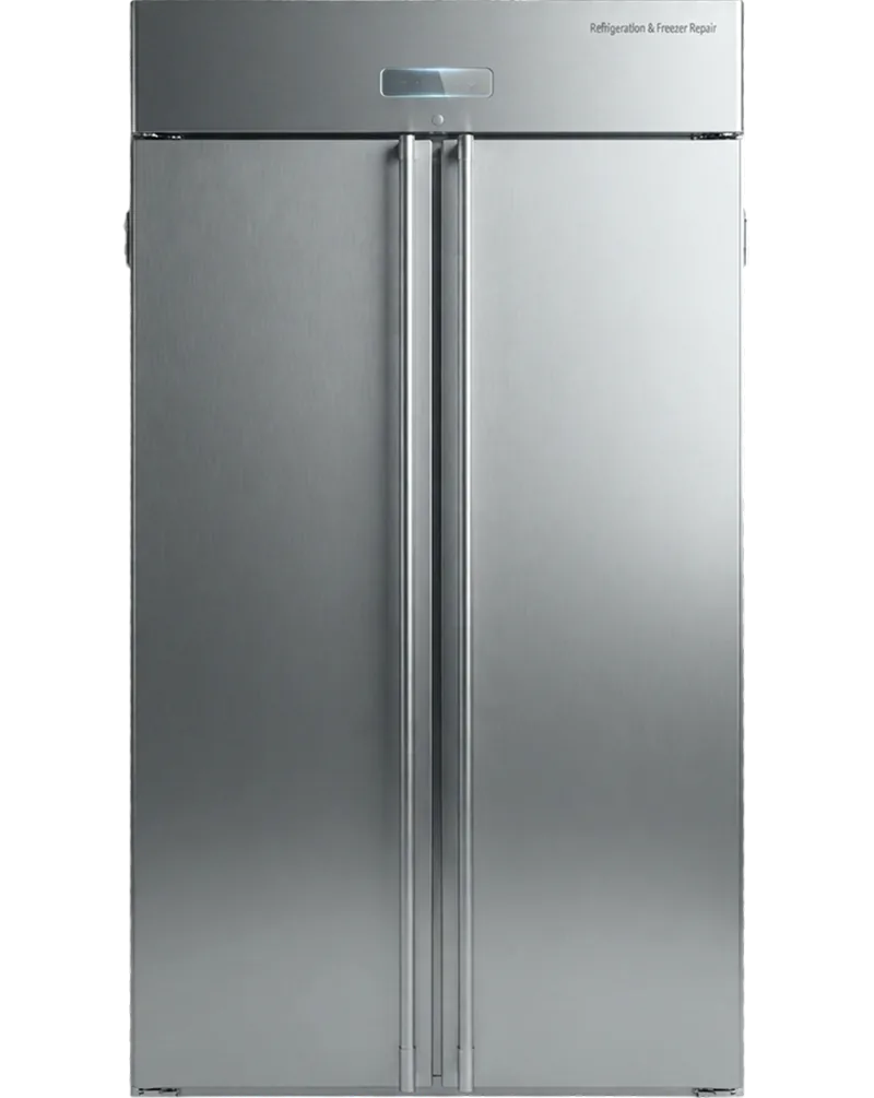 Stainless steel side-by-side refrigerator and freezer with full-height column handles, serviced by Bodewell Appliance Repair