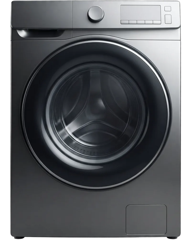 Stainless steel front-load washing machine with a large glass door, serviced by Bodewell Appliance Repair