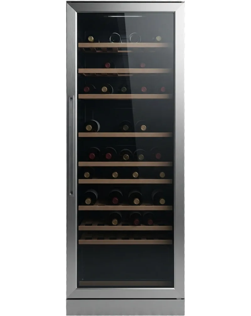 Stainless steel wine cooler with a glass door and wooden shelves holding wine bottles, serviced by Bodewell Appliance Repair